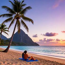Caribbean Holidays, Saint Lucia Adults Only, Couple relaxing on a quiet beach in Saint Lucia at sunset, palm trees, calm turquoise sea