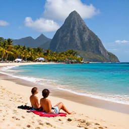 Caribbean Holidays, Saint Lucia Adults Only, Couple relaxing on a quiet golden beach in Saint Lucia, with turquoise sea, palm trees and the Pitons in the distance