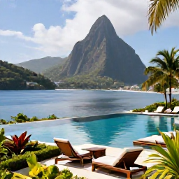 Caribbean Holidays, Saint Lucia Adults Only, Elegant adults-only resort in Saint Lucia overlooking a calm bay, with an infinity pool, sun loungers and tropical gardens