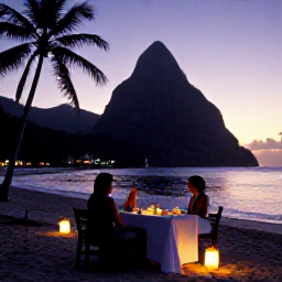 Caribbean Holidays, Saint Lucia Adults Only, Romantic beachfront dinner in Saint Lucia at dusk, lanterns, tropical setting and Caribbean horizon