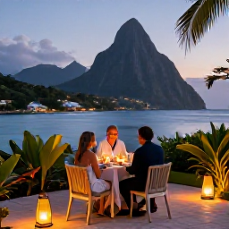 Caribbean Holidays, Saint Lucia Adults Only, Romantic open-air dinner for two at a Saint Lucia adults-only resort, with lanterns, tropical plants and an ocean view at dusk