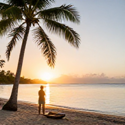 Caribbean Holidays, Saint Lucia Adventure, A relaxed traveller watching the sunset from a quiet Saint Lucian beach with palm trees and calm Caribbean water