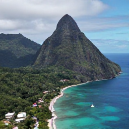 Caribbean Holidays, Saint Lucia Adventure, Aerial view of Saint Lucia in November, showing the Pitons, lush rainforest, turquoise sea and a small sailing boat