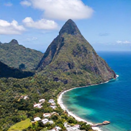 Caribbean Holidays, Saint Lucia Adventure, Aerial view of Saint Lucia's lush volcanic mountains, turquoise Caribbean Sea and dramatic Pitons in bright February sunshine
