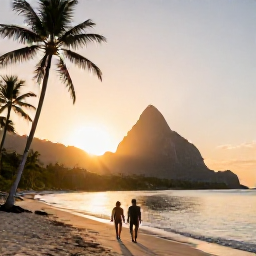 Caribbean Holidays, Saint Lucia Adventure, Couple walking along a quiet Saint Lucia beach at sunset, with palm trees, calm Caribbean water and the Pitons in the distance