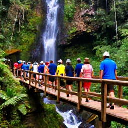 Caribbean Holidays, Saint Lucia Adventure, Guided rainforest hike in Saint Lucia with travellers crossing a wooden bridge beside a waterfall