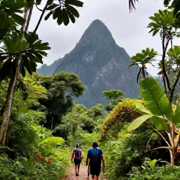 Caribbean Holidays, Saint Lucia Adventure, Hikers walking through lush rainforest towards the Pitons in Saint Lucia, with tropical foliage and dramatic mountain views