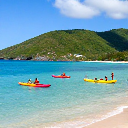 Caribbean Holidays, Saint Lucia Adventure, Kayakers and snorkellers enjoying clear turquoise water beside a Saint Lucia beach, with green hills in the background