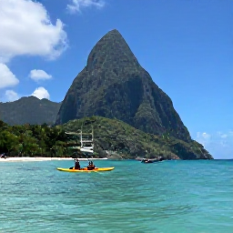 Caribbean Holidays, Saint Lucia Adventure, Kayakers and snorkellers exploring clear turquoise water along Saint Lucia&rsquo;s green coastline on a sunny November day