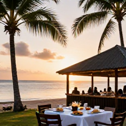 Caribbean Holidays, Saint Lucia Adventure, Open-air Saint Lucian restaurant serving fresh local food beside a beach at sunset, with palms and warm evening light