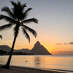 Caribbean Holidays, Saint Lucia Adventure, Relaxed Saint Lucia beach scene at sunset with calm sea, palm trees and the Pitons in the distance