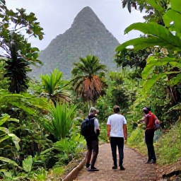 Caribbean Holidays, Saint Lucia Adventure, Travellers hiking on a green rainforest trail beneath the Pitons in Saint Lucia, with a local guide and tropical plants