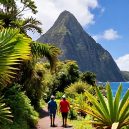 Caribbean Holidays, Saint Lucia Adventure, Travellers hiking on a rainforest trail beneath the Pitons in Saint Lucia, with tropical plants and mountain views