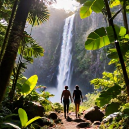 Caribbean Holidays, Saint Lucia Adventure, Travellers hiking through green rainforest towards a waterfall in Saint Lucia, with sunlight filtering through tropical leaves