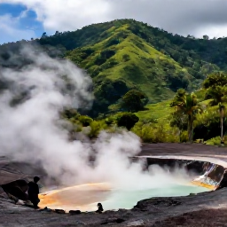 Caribbean Holidays, Saint Lucia Adventure, Visitors exploring the Sulphur Springs volcanic area near Soufri&egrave;re in Saint Lucia, with steaming pools and green hills