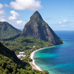 Caribbean Holidays, Saint Lucia Adventures, Aerial view of Saint Lucia's Pitons, rainforest and bright Caribbean coastline in July sunshine