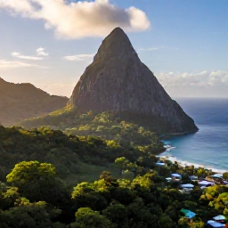 Caribbean Holidays, Saint Lucia Adventures, Aerial view of Saint Lucia's Pitons rising above lush green rainforest and the blue Caribbean Sea in warm April sunshine
