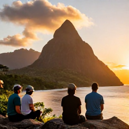 Caribbean Holidays, Saint Lucia Adventures, Friendly Saint Lucian guides leading an outdoor adventure beside the Pitons at sunset