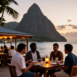 Caribbean Holidays, Saint Lucia Adventures, Friendly travellers dining at a small beachfront restaurant in Saint Lucia at sunset