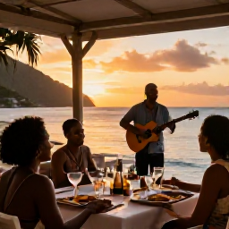 Caribbean Holidays, Saint Lucia Adventures, Friendly travellers enjoying a sunset meal and local music at a waterside restaurant in Saint Lucia