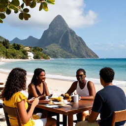 Caribbean Holidays, Saint Lucia Adventures, Friendly travellers relaxing at a Saint Lucia beach restaurant after an active day of adventures