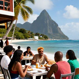 Caribbean Holidays, Saint Lucia Adventures, Friendly travellers relaxing at a waterfront restaurant after an active day in Saint Lucia