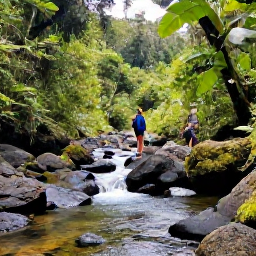 Caribbean Holidays, Saint Lucia Adventures, Guided hikers walking through dense tropical rainforest in Saint Lucia beside a clear stream and volcanic rocks