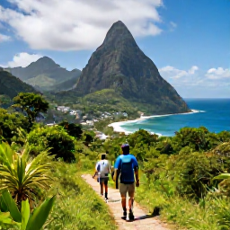 Caribbean Holidays, Saint Lucia Adventures, Hikers on a lush trail approaching the twin Pitons in Saint Lucia with dramatic sea views