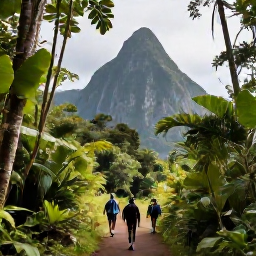 Caribbean Holidays, Saint Lucia Adventures, Hikers walking through lush rainforest towards the dramatic Pitons in Saint Lucia