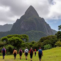Caribbean Holidays, Saint Lucia Adventures, Hikers walking through lush Saint Lucian rainforest towards the twin Pitons, with dramatic mountain scenery