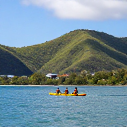 Caribbean Holidays, Saint Lucia Adventures, Kayakers paddling across calm turquoise water along Saint Lucia's scenic coastline with green hills in the background