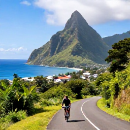 Caribbean Holidays, Saint Lucia Adventures, Mountain bikes travelling along a scenic Saint Lucian road through green hills with a small village and ocean view