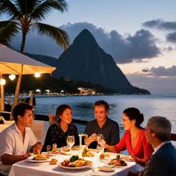 Caribbean Holidays, Saint Lucia Adventures, Relaxed evening at a Saint Lucian waterfront restaurant with local food, soft lights and tropical surroundings