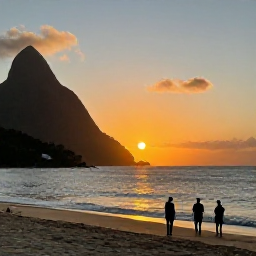 Caribbean Holidays, Saint Lucia Adventures, Relaxed travellers enjoying a golden sunset on a sandy Saint Lucia beach after a day of outdoor activities