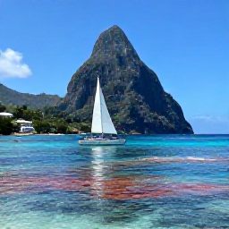 Caribbean Holidays, Saint Lucia Adventures, Sailing boat and snorkellers beside a colourful reef in the clear waters of Saint Lucia