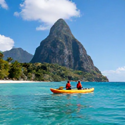 Caribbean Holidays, Saint Lucia Adventures, Sea kayakers exploring the clear turquoise waters and green coastline of Saint Lucia in bright March sunshine