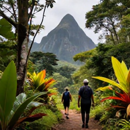 Caribbean Holidays, Saint Lucia Adventures, Travellers hiking along a forest trail towards the Pitons in Saint Lucia, with tropical plants and mountain views