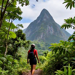 Caribbean Holidays, Saint Lucia Adventures, Travellers hiking through green rainforest towards the twin Pitons in Saint Lucia