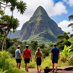 Caribbean Holidays, Saint Lucia Adventures, Travellers hiking through lush Saint Lucian rainforest towards a viewpoint over the Pitons