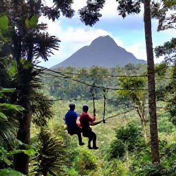 Caribbean Holidays, Saint Lucia Adventures, Visitors ziplining through Saint Lucia's rainforest canopy above dense tropical trees and a distant mountain landscape