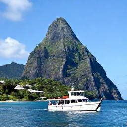 Caribbean Holidays, Saint Lucia All Inclusive, A boat approaching the Pitons in Saint Lucia, with green volcanic peaks, blue sea and travellers enjoying a scenic excursion