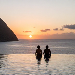 Caribbean Holidays, Saint Lucia All Inclusive, A couple enjoying a quiet sunset beside a Saint Lucia infinity pool overlooking the Caribbean Sea
