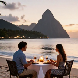 Caribbean Holidays, Saint Lucia All Inclusive, A couple enjoying a sunset dinner on a Saint Lucian beach, with a relaxed table setting, gentle waves and tropical evening light