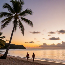 Caribbean Holidays, Saint Lucia All Inclusive, A couple walking along a palm-fringed Saint Lucia beach at sunset, with calm water and colourful evening sky