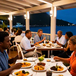Caribbean Holidays, Saint Lucia All Inclusive, A friendly Saint Lucia resort restaurant serving Caribbean and international food, with diners enjoying an open-air evening meal