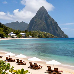 Caribbean Holidays, Saint Lucia All Inclusive, A panoramic tropical view of Saint Lucia with the Pitons, calm turquoise sea and a comfortable beachfront resort