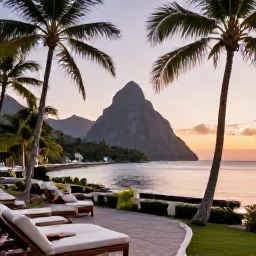 Caribbean Holidays, Saint Lucia All Inclusive, A peaceful Saint Lucia all-inclusive resort terrace overlooking a tropical bay at sunset, with palm trees and warm evening light