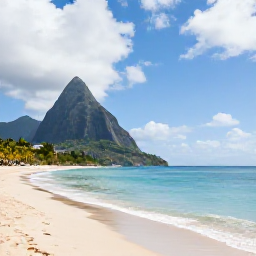 Caribbean Holidays, Saint Lucia All Inclusive, A wide Caribbean beach in Saint Lucia in June, with calm turquoise water, palm trees and a bright but lightly clouded sky