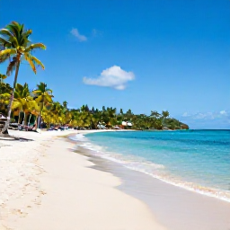 Caribbean Holidays, Saint Lucia All Inclusive, A wide sandy beach in Saint Lucia with calm turquoise water, palm trees and a relaxed all-inclusive holiday atmosphere