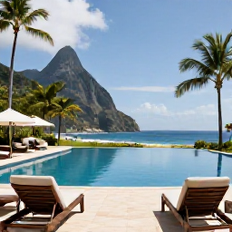 Caribbean Holidays, Saint Lucia All Inclusive, Elegant Saint Lucia resort pool overlooking the Caribbean Sea, comfortable sun loungers, tropical gardens and relaxed holiday atmosphere